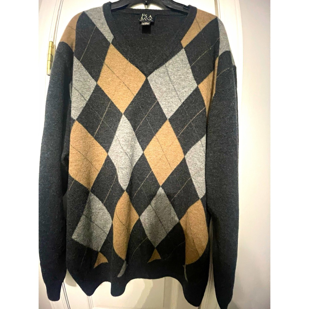 Jos. A. Bank Men's 2XL Gray/Tan/Black Argyle Knit V-Neck Lambswool Sweater